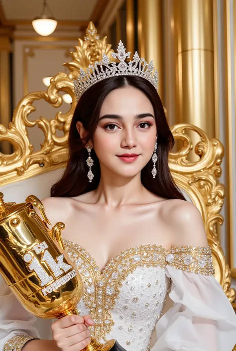 realistic photography. smiling young Indonesian woman in hijab wearing luxurious white royal dress and crown. sitting on a luxurious throne. along with lots of gold and diamond decorations. in his hand he holds a large number "1K FOLLOWERS" made of gold wi...