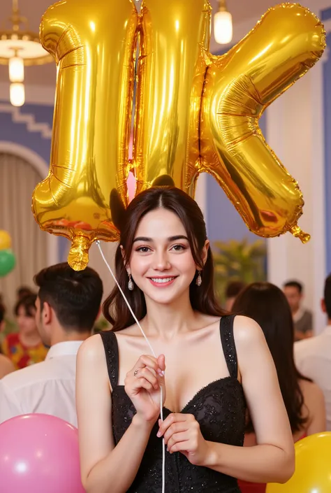Argentinian girl with bangs celebrating her birthday holding a balloon in the shape of the text written "1k friends" in formal dress