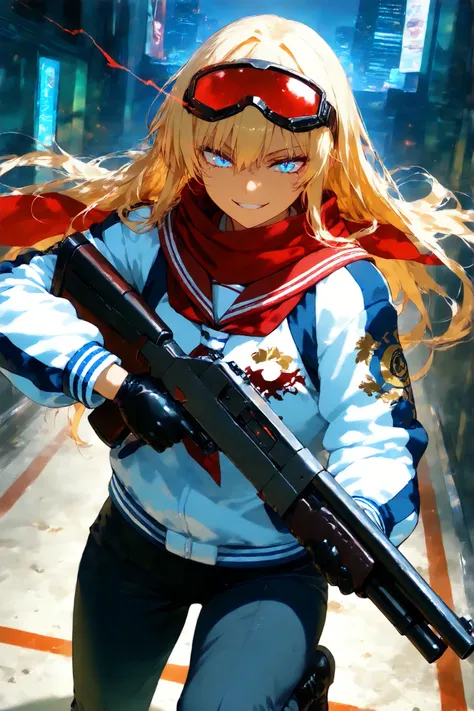 score_9, score_8_up, score_7_up, score_6_up, score_5_up, score_4_up,anime artwork masterpiece,best quality, unreal engine, ultra res, extremely detailed, One Girl,blonde hair,long hair,blue eyes,glowing eye trail,tan skin,biker goggles on head,black sailor...