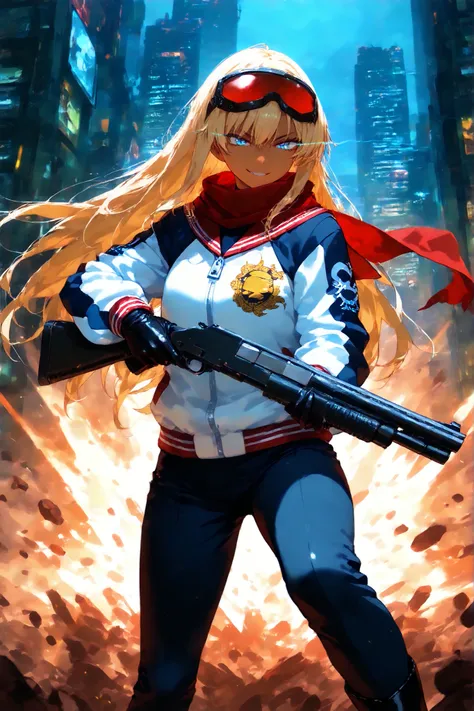 score_9, score_8_up, score_7_up, score_6_up, score_5_up, score_4_up,anime artwork masterpiece,best quality, unreal engine, ultra res, extremely detailed, One Girl,blonde hair,long hair,blue eyes,glowing eye trail,tan skin,biker goggles on head,black sailor...