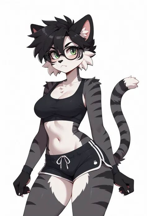 (Masterpiece) (High Detail) (High Res) A close up of a short, slim, curvy and cute fluffy black cat furry with Black and Dark Grey fur with black tiger stripes and white tummy fur and green eyes and a curvy effeminate shape and black spikey emo hair and th...