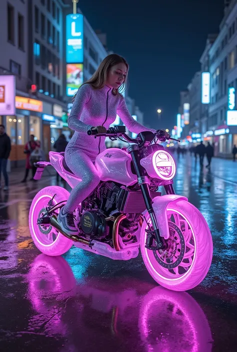🌟8K UHD, Divine Cyber-Aesthetics, Neon-Lighting
🌌Schwebende Onyx-Straße mit Plasmaadern, kristalline Statuen am Rand
😈Technogöttin:
holographic catsuit (changing transparency)
-Flüssigmetall-Haar
-Stiefel mit Antigrav-Sohlen
🛵Motorrad (60% transparent):...