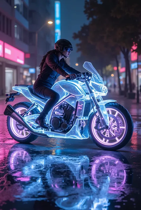 🌟8K UHD, Divine Cyber-Aesthetics, Neon-Lighting
🌌Schwebende Onyx-Straße mit Plasmaadern, kristalline Statuen am Rand
😈Technogöttin:
holographic catsuit (changing transparency)
-Flüssigmetall-Haar
-Stiefel mit Antigrav-Sohlen
🛵Motorrad (60% transparent):...