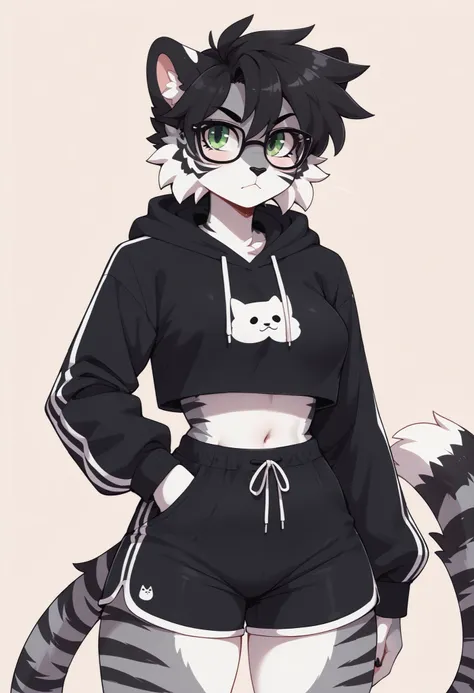 (Masterpiece) (High Detail) (High Res) A close up of a short, slim, curvy and cute fluffy black cat furry with Black and Dark Grey fur with black tiger stripes and white tummy fur and green eyes and a curvy effeminate shape and black spikey emo hair and th...