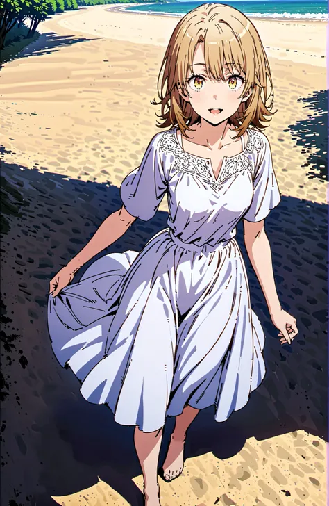 Irohaisshiki, Isshiki Iroha ,solo, short hair, brown hair, brown eyes,Medium breast, White Off Shoulder Dress,smile,cover,open your mouth,Short sleeve, white long skirt,bare feet,are walking,morning,full bodyがillustrationsに入るように,break outdoors,strand, sand...