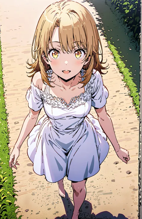 Irohaisshiki, Isshiki Iroha ,solo, long hair, brown hair, brown eyes,Medium breast, White Off Shoulder Dress,smile,cover,open your mouth,Short sleeve, white long skirt,bare feet,are walking,morning,full bodyがillustrationsに入るように,break outdoors,strand,sea,
b...