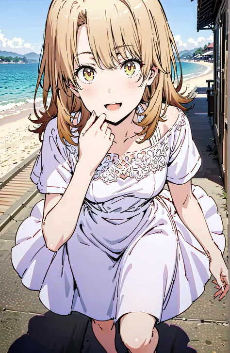 Irohaisshiki, Isshiki Iroha ,solo, long hair, brown hair, brown eyes,Medium breast, White Off Shoulder Dress,smile,cover,open your mouth,Short sleeve, white long skirt,bare feet,are walking,morning,full bodyがillustrationsに入るように,break outdoors,strand,sea,
b...