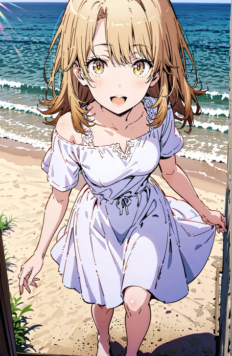 Irohaisshiki, Isshiki Iroha ,solo, long hair, brown hair, brown eyes,Medium breast, White Off Shoulder Dress,smile,cover,open your mouth,Short sleeve, white long skirt,bare feet,are walking,morning,full bodyがillustrationsに入るように,break outdoors,strand,sea,
b...