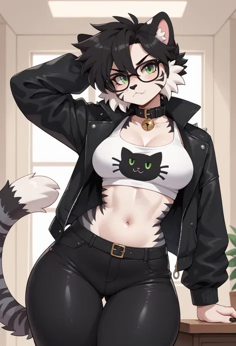 (Masterpiece) (High Detail) (High Res) A close up of a short, slim, curvy and cute fluffy black cat furry with Black and Dark Grey fur with black tiger stripes and white tummy fur and green eyes and a curvy effeminate shape and black spikey emo hair and th...
