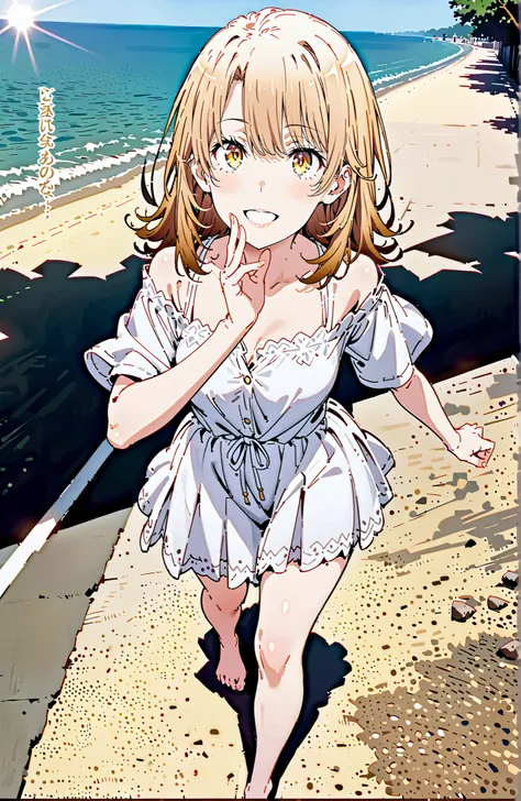 Irohaisshiki, Isshiki Iroha ,solo, long hair, brown hair, brown eyes,Medium breast, White Off Shoulder Dress,smile,cover,open your mouth,Glowing Skin,Short sleeve, white long skirt,bare feet,are walking,morning,full bodyがillustrationsに入るように,break outdoors,...