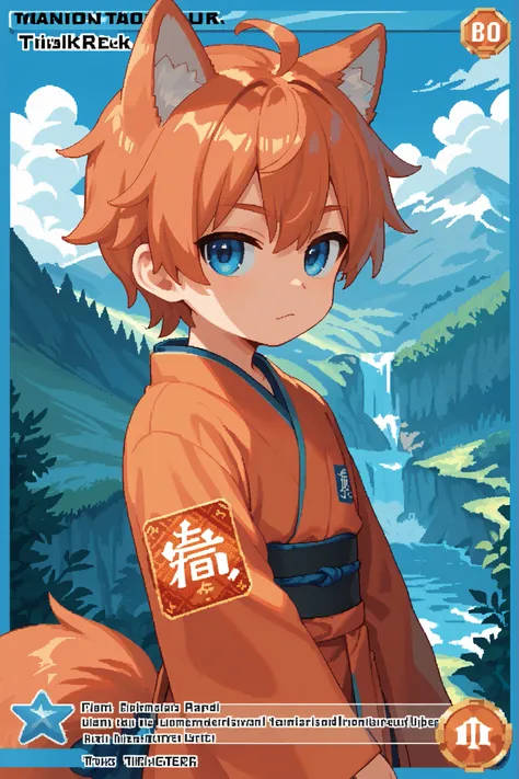 score_9, score_8_up, score_7_up, source_anime, solo, pixel art, tr4dingcard, card (medium), english_text, N, trading_card, white_trade_card_frames, kemonomimi, 1boy, solo, young boy BREAK
Fox ears and tail, orange hair, short hair, blue eyes BREAK
Chin...