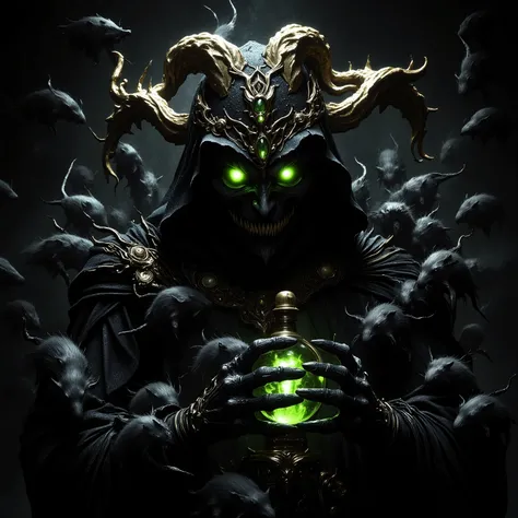 Medium size plague doctor, black plague doctor costume, plague bird mask , fancy and scary, he wearing lime potion, to many black rats, fantastic, sci fi, night street, mediaval, mystery, light green gloving eyes, fancy costume