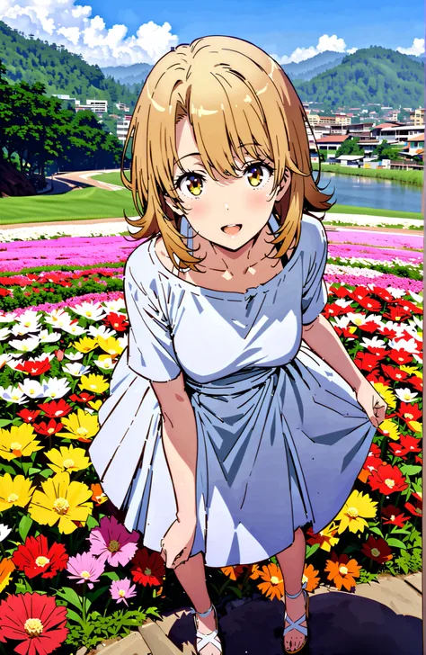 Irohaisshiki, Isshiki Iroha ,solo, short hair, brown hair, brown eyes,Medium breast,off-the-shoulder white dress,smile,cover,open your mouth,Glowing Skin,Short sleeve, white long skirt,Heeled Sandals,Flower Field, Compa,Mountain,river,standing,full bodyがイラ...