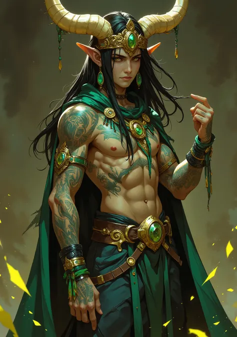 Homem magro. king's crown. Sem camisa. black hair. long hair. Shamanic spiritual adornments. Eye-catching green earrings. leather belt. pants. Green cloak over the pants. Greenish bracelet. Animal tattoos on the body. pointed ears