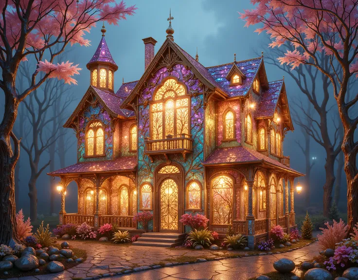 a house made entirely of translucent stained glass and gold, glittery background, photorealistic, 8K, HDR, studio lighting, ultra-detailed, high quality, intricate, ornate, fantastical, glowing, ethereal, radiant, shimmering, iridescent, dramatic lighting,...