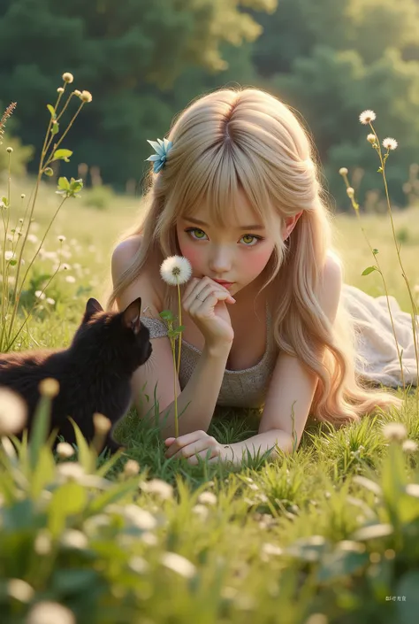 Beautiful girl anime. 8K quality. A close-up of a girl lying face down in the grass, holding a dandelion in her hand, with a black cat playing nearby. The focus is on the girl and the black cat, while the background in front and behind them is blurred. Tel...