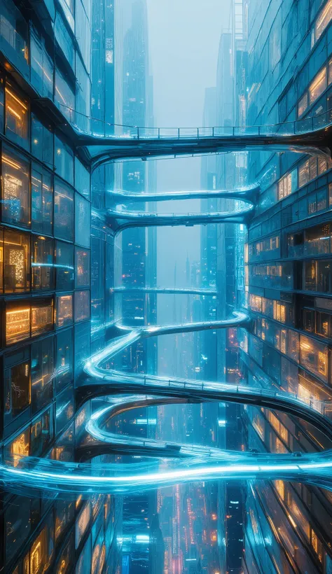 A futuristic glass cityscape at twilight, where towering crystalline skyscrapers glow with inner streams of neon-blue light. Transparent walkways and bridges crisscross the air, reflecting holographic advertisements. Flowing light lines pulse through the s...