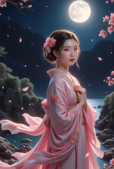 (soft pink kimono with delicate floral embroidery, flowing translucent shawl, subtle golden hairpin)  
(gracefully tilting head upward, eyes reflecting sunlight, serene expression, hands gently touching collar, long hair slightly swaying in the breeze)  
(...