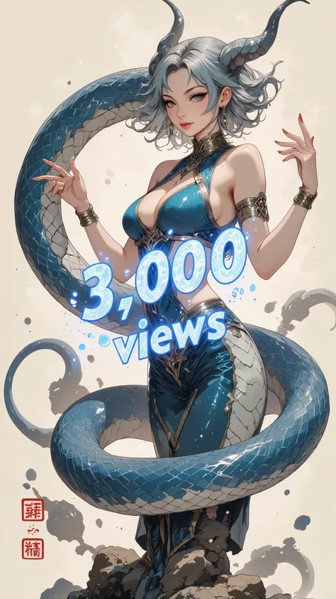 (((article, "Thank you for 3K Views ", Add text"Thank you 3K Views ", holographic big font))) ,Overlaying text on top of a character, 、ArsMJStyle、(Zen ink wash painting)、(1girl,Lamia)