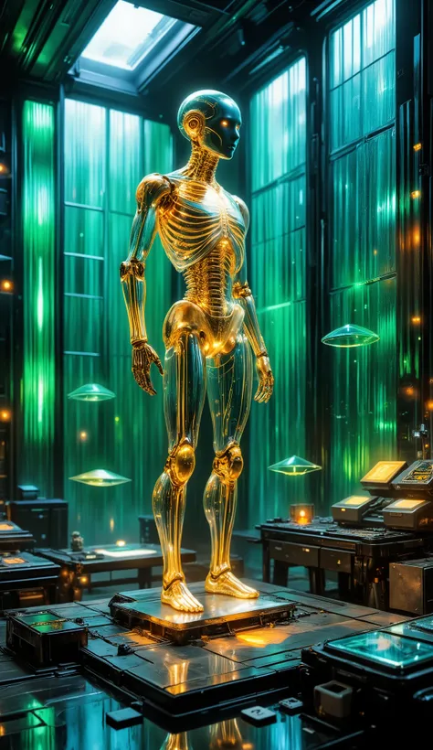 A sci-fi laboratory with walls made of liquid-crystal panels, streaming real-time data in glowing green light. A transparent humanoid robot stands at the center, its skeleton visible through glass-like skin, veins of flowing gold light mimicking a nervous ...