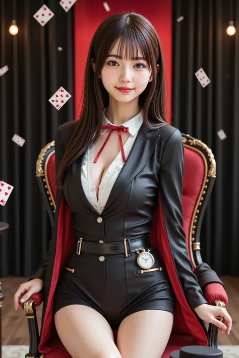 haruka, firm breast, ultra-high-resolution 8K CG illustration of a Japanese woman portrayed in a magician-themed portrait. She is seated on a black chair with brass rivets, positioned in front of a wooden table covered in red felt. A deck of standard playi...