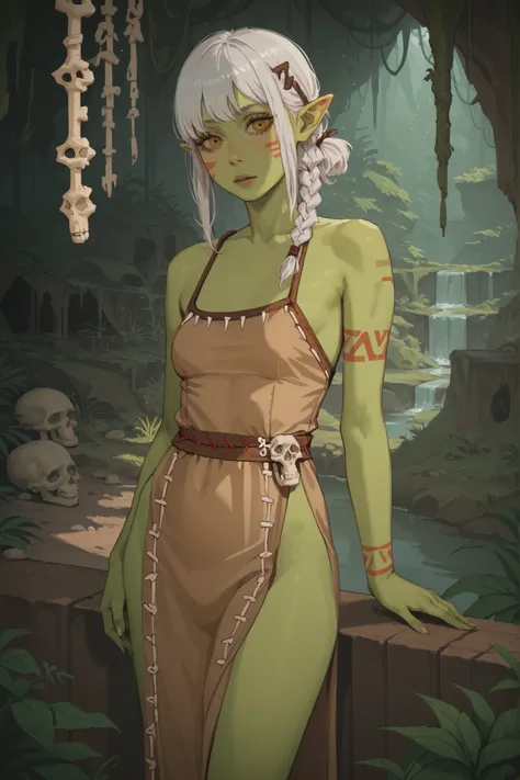 1 girl, short straight white hair, bangs, green skin, golden eyes, pointy ears, small breasts, tribal body painting, naked, tribal beige dress, bone accessories, moss cave interior
