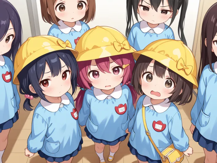 6girls, group of girls, multiple girls, (masterpiece, best quality, highly detailed, ultra detailed), bird eye view, So many girls, Frustrated, flat chested, various hair colors, small breasts, kindergarten, kindergarten cap, kindergarten uniform, kinderga...