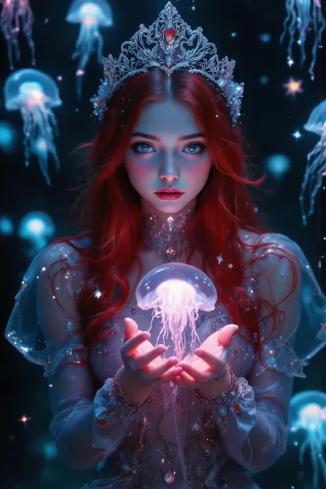 ((face forcus:1.5)),from front,transluminescent Jellyfish and Mermaid,beautiful Mermaid girl,solo,red long shiny hair,Tiara,transparent eyes,clear eyes,upturned eyes,gazing view,Catch with her hands,ガラスのような beautiful 半透明 small jellyfish,rising neon lightin...