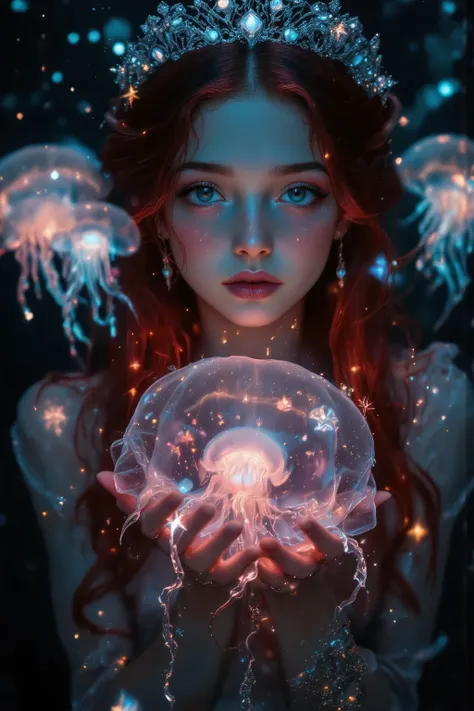 ((face forcus:1.5)),from front,transluminescent Jellyfish and Mermaid,beautiful Mermaid girl,solo,red long shiny hair,Tiara,upturned eyes,gazing view,Catch with her hands,ガラスのような beautiful 半透明 jellyfish,rising neon lighting jellyfish,光の軌跡,starry stars in d...