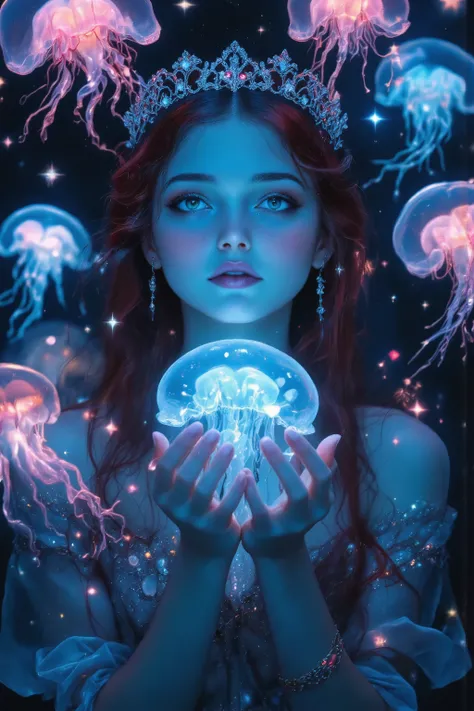 ((face forcus:1.5)),from front,transluminescent Jellyfish and Mermaid,beautiful Mermaid girl,solo,red long shiny hair,Tiara,looking up,gazing view,Catch with her hands,ガラスのような beautiful 半透明 jellyfish,rising neon lighting jellyfish,光の軌跡,starry stars in deep...