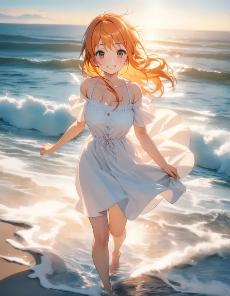 8k,masterpiece,highest quality,Women,Nami,orange hair,on the beach,On the beach, walking barefoot on white sand, wearing a bright summer dress, a smile reflecting happiness, the sun reflects on the surface of the water,While the waves gently touch their fe...