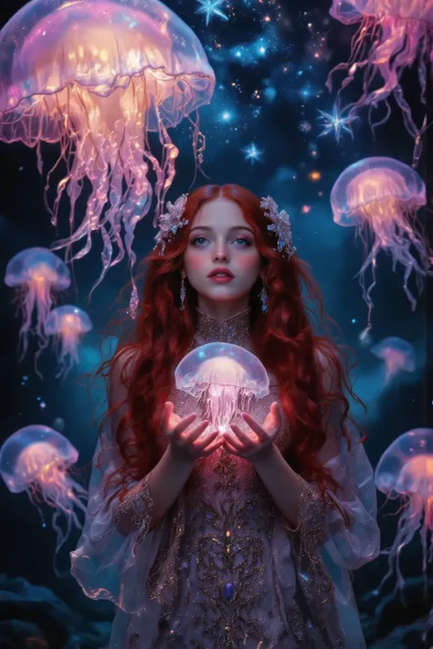((face forcus:1.5)),Jellyfish and Mermaid,beautiful Mermaid girl,solo,red long shiny hair,looking,Catch with her hands,ガラスのような beautiful 半透明 jellyfish,rising neon lighting jellyfish,光の軌跡,starry stars in deep sea,Mysterious atmosphere,feminine, frame,dynami...
