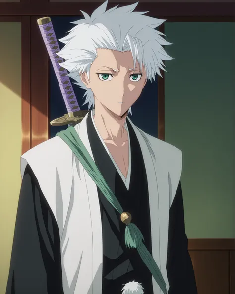 masterpiece, best quality, , anime screencap, , , , , 1boy, solo, male focus, toushirou_hitsugaya, white hair, green eyes, spiked hair, short hair, japanese clothes, haori, sword