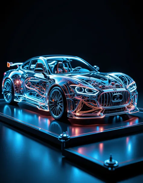 realistic detailed shot, ultra-modern absolutely transparent sports concept car mounted on a demonstration stand with a diagonal tilt, the foreground of the car is at floor level, and the far side is raised 30 degrees relative to the floor,a concept car ma...