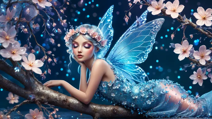 fairy on a branch with flowers  style glitter