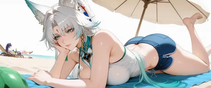 realistic skin, (realistic face:0.9), cozy style, adult, fFaceDetail, BREAK, best quality, , sand, under parasol, feixiao (honkai: star rail), fox girl, white hair, very long hair, parted bangs, gradient hair, long hair, green eyes, blue eyes, fox ears, a...