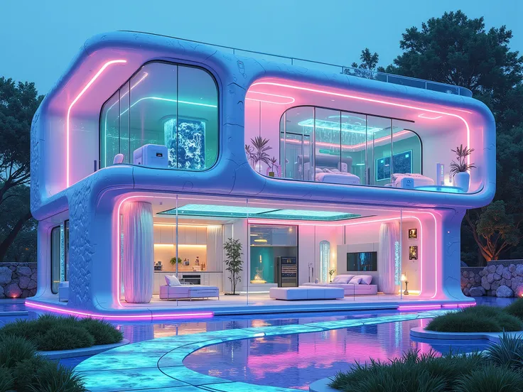 "Futuristic-style (translucent architectural marvel:1.4), a breathtaking smart home designed with cutting-edge translucent materials and illuminated by vibrant neon accents. The exterior is composed of glass-like panels with a crystalline texture, seamless...