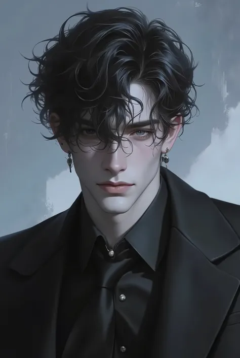 "(Costume,4k,8K,High Resolutions,Masterpiece:1.2),ultra detailed,(realistic,fotorrealistic,fotorrealistic:1.37), Manhwa Art European 25 years old man, ivory skin, Messy hair jet black hair, piercing eyes, Iris gray, Wear black coat, Nude Torso, muscular bo...