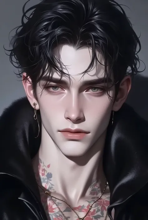 "(Costume,4k,8K,High Resolutions,Masterpiece:1.2),ultra detailed,(realistic,fotorrealistic,fotorrealistic:1.37), Manhwa Art European 25 years old man, ivory skin, Messy hair jet black hair, piercing eyes, Iris gray, Wear black coat, Nude Torso, muscular bo...