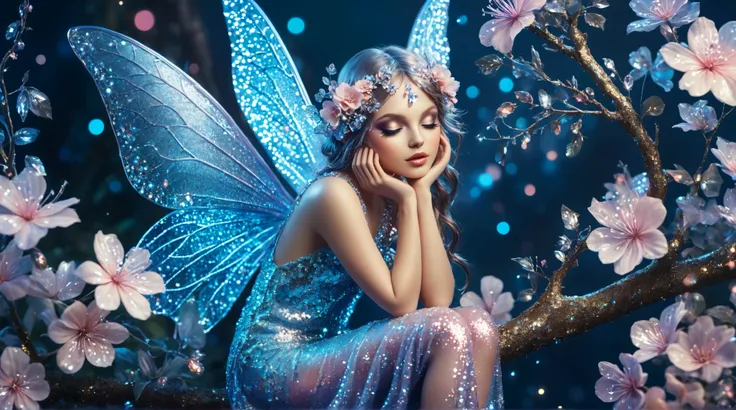 fairy sitting on a branch with flowers  style glitter