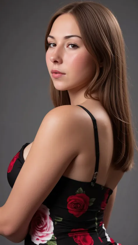 hyper realistic, aqheodd, realistic style, a woman with long hair and a beautiful black dress with roses, a very feminine dress, face of a 25 year old woman, triangular face with slightly highlighted maximum, young face without expression marks, delicate f...