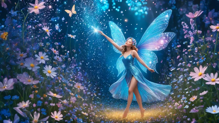fairy fluttering above a cluster of blooming wildflowers  style glitter