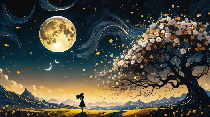 vetor arte, surreal, a field of flowers, in the distance an old tree, mountains, textures, it appears as a shadow, In front of the majestic crescent Moon, The wind causes flower petals to fly, giving a mystical air to the scene, In the foreground, The Shad...