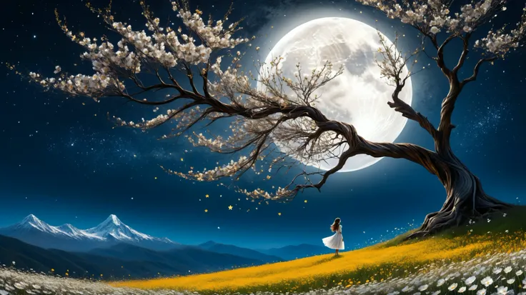 vetor arte, surreal, a field of flowers, in the distance an old tree, mountains, textures, it appears as a shadow, In front of the majestic crescent Moon, The wind causes flower petals to fly, giving a mystical air to the scene, In the foreground, The Shad...