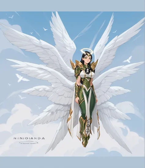 Break, large breasts, huge breasts, green eyes, black hair, long hair, wings, multiples wings, 12wings, armor, green armor, pants, halo, halo in the had, black pants, fullbody, angel, ben10, insignia