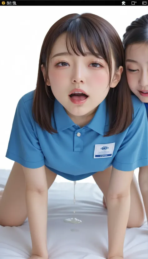 ((The greatest masterpiece of lesbian action)),  Close-up of a beautiful girl in a blue shirt、It's on the bed ,  monster, 4K], 4k yen ], 8k)), Yoshitomo Nara, standing on all fours, (emphasized small beautiful breasts), (love liquid dripping from her crotc...