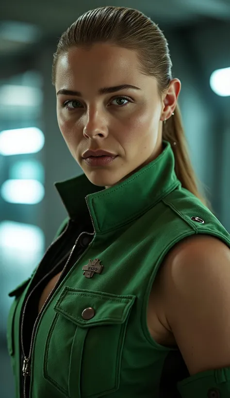 Here is a detailed prompt to generate an image **modelo** From Nicole man as **Sonya Blade**, focada na **upper body**, in a bright green military outfit and striking details, and a striking background: --- **"Hyper-realistic Close-up by Sarah Jessica Park...