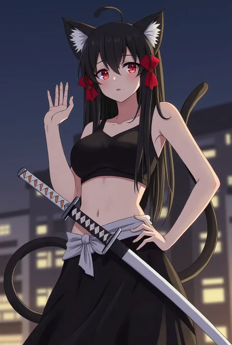 1girl, black hair, red hair ribbons, red eyes, animal ear fluff, cat ears, cat girl, cat tail, one tail, three tail ends, black crop top, white belt, black samurai skirt, sword sheathed at the waist, hand on own hip, night city background, imponent look, r...