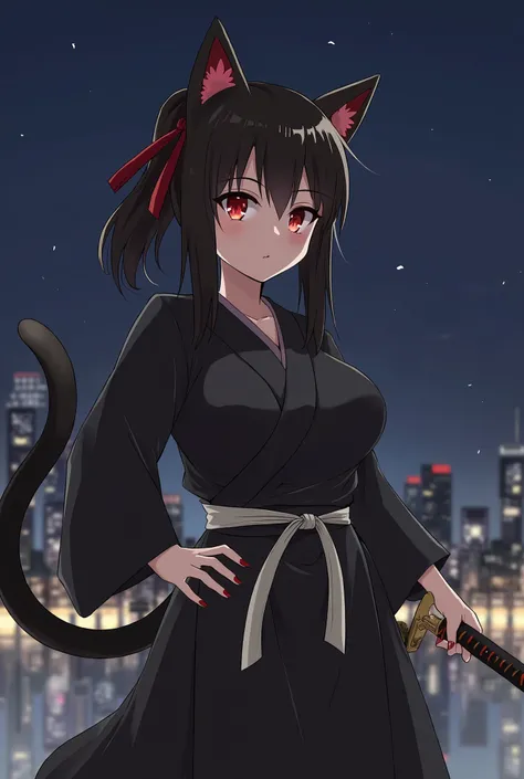 1girl, black hair, red hair ribbons, red eyes, animal ear fluff, cat ears, cat girl, cat tail, one tail with three endings, black samurai kimono, white belt, sword sheathed at the waist, hand on own hip, night city background, powerful look, attractive, bo...