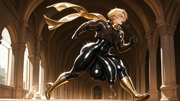 1 man, hermes,runner, messenger of the gods, the god of speed and a trickster, femboy, curvy femboy, huge bulge, fat balls, precum, slin body, muscles, short hair, blond, golden scarf, black outfit, leather jacket, latex outfit, golden details on latex, th...